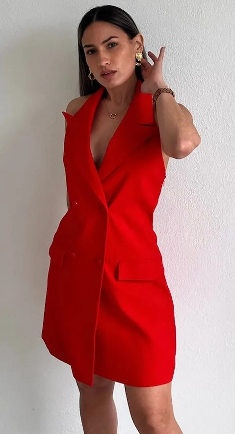 Sophisticated Icon Red Halter Blazer Dress