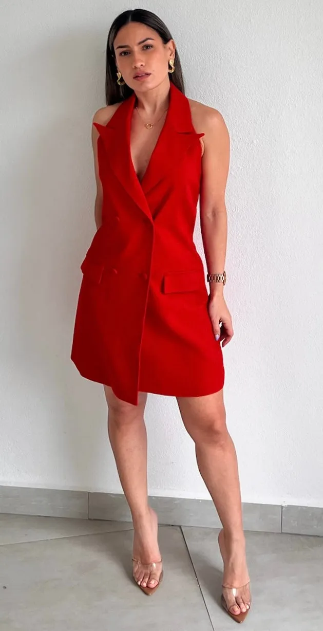 Sophisticated Icon Red Halter Blazer Dress