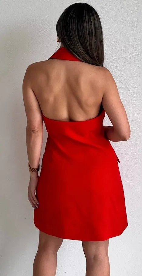 Sophisticated Icon Red Halter Blazer Dress