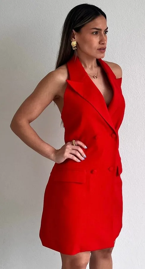 Sophisticated Icon Red Halter Blazer Dress