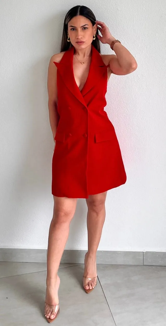 Sophisticated Icon Red Halter Blazer Dress