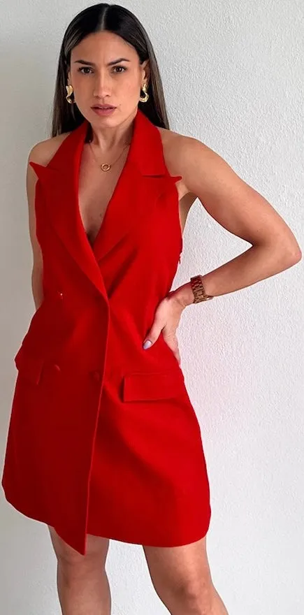 Sophisticated Icon Red Halter Blazer Dress