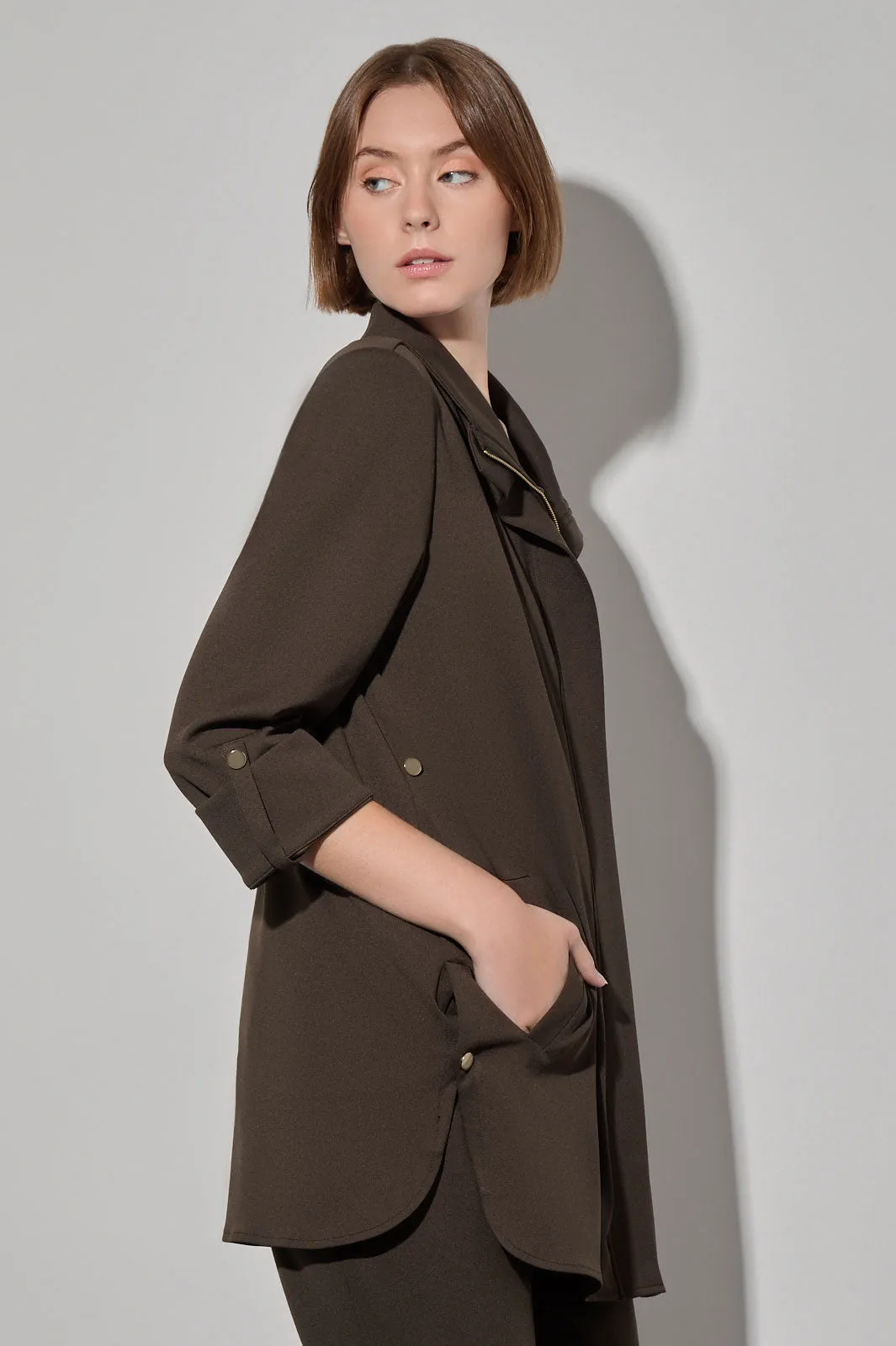 Stretch Deco Crepe Snap Detail Zip Jacket