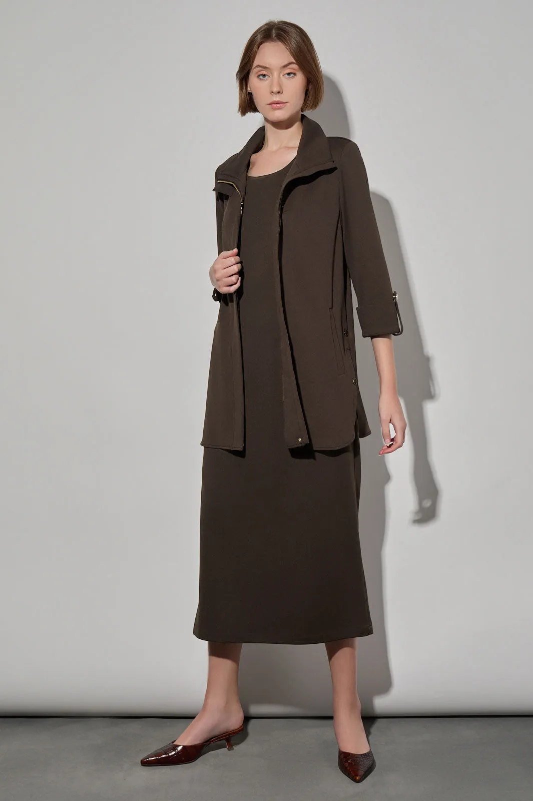 Stretch Deco Crepe Snap Detail Zip Jacket