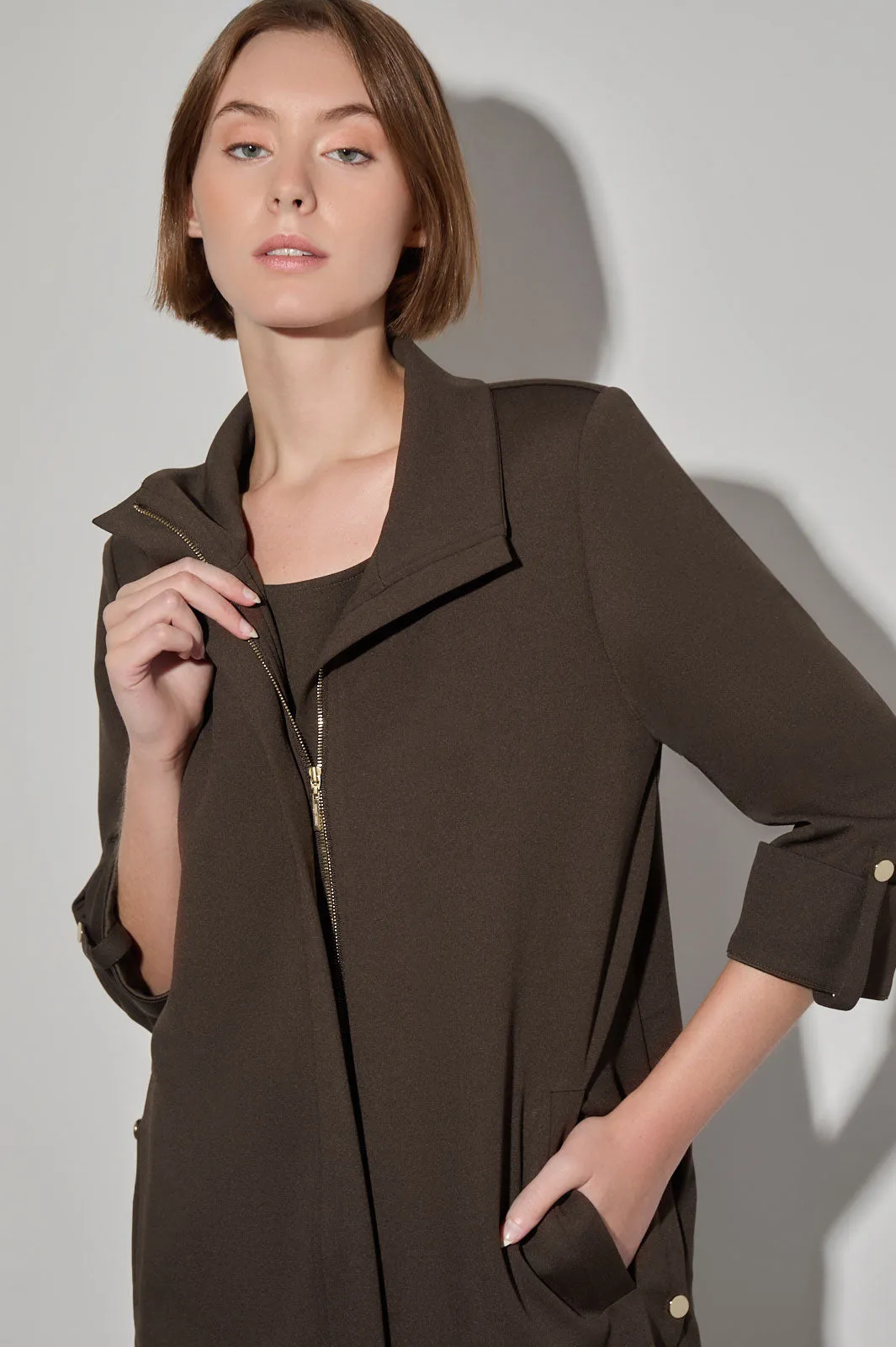 Stretch Deco Crepe Snap Detail Zip Jacket