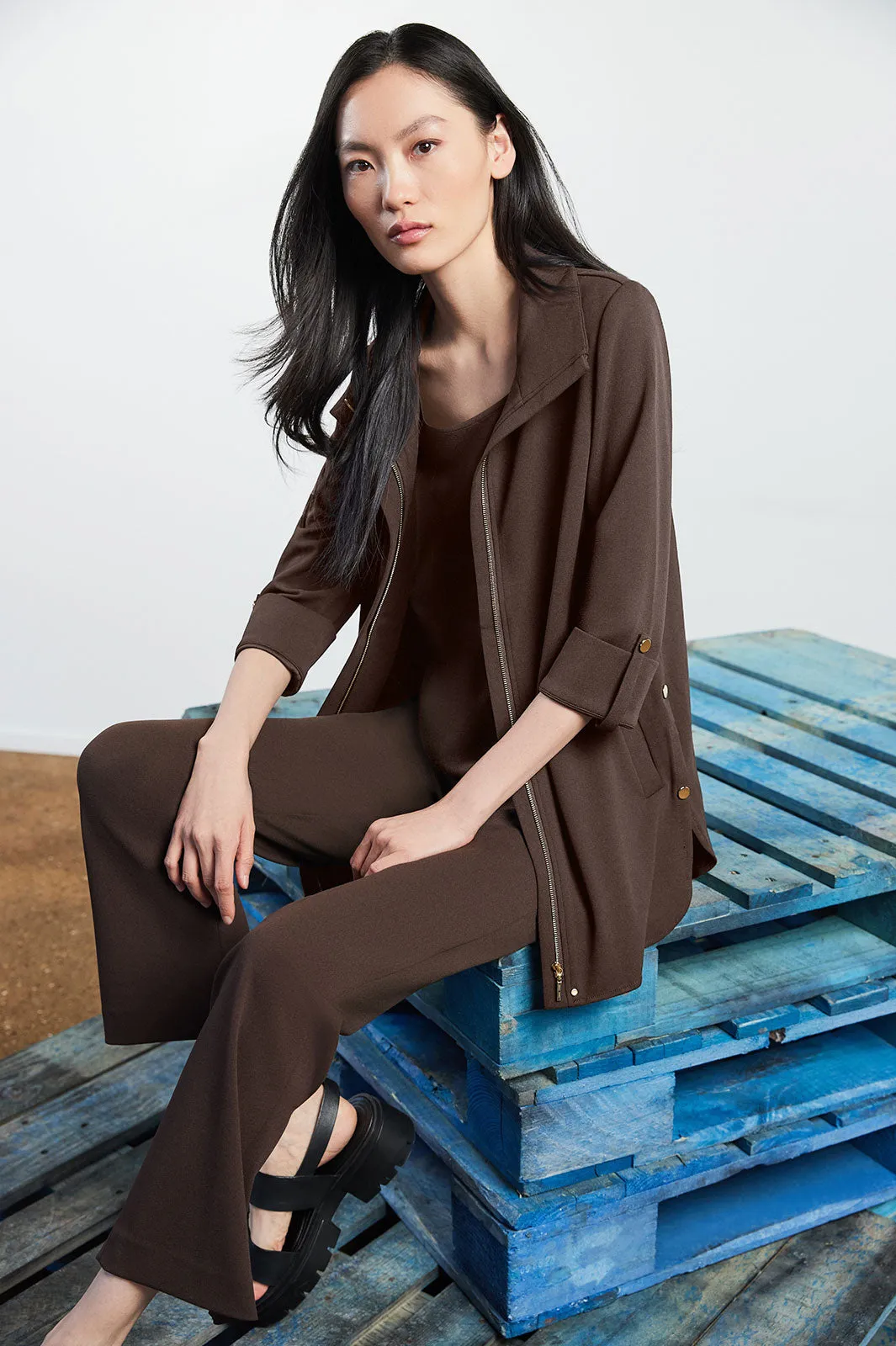 Stretch Deco Crepe Snap Detail Zip Jacket