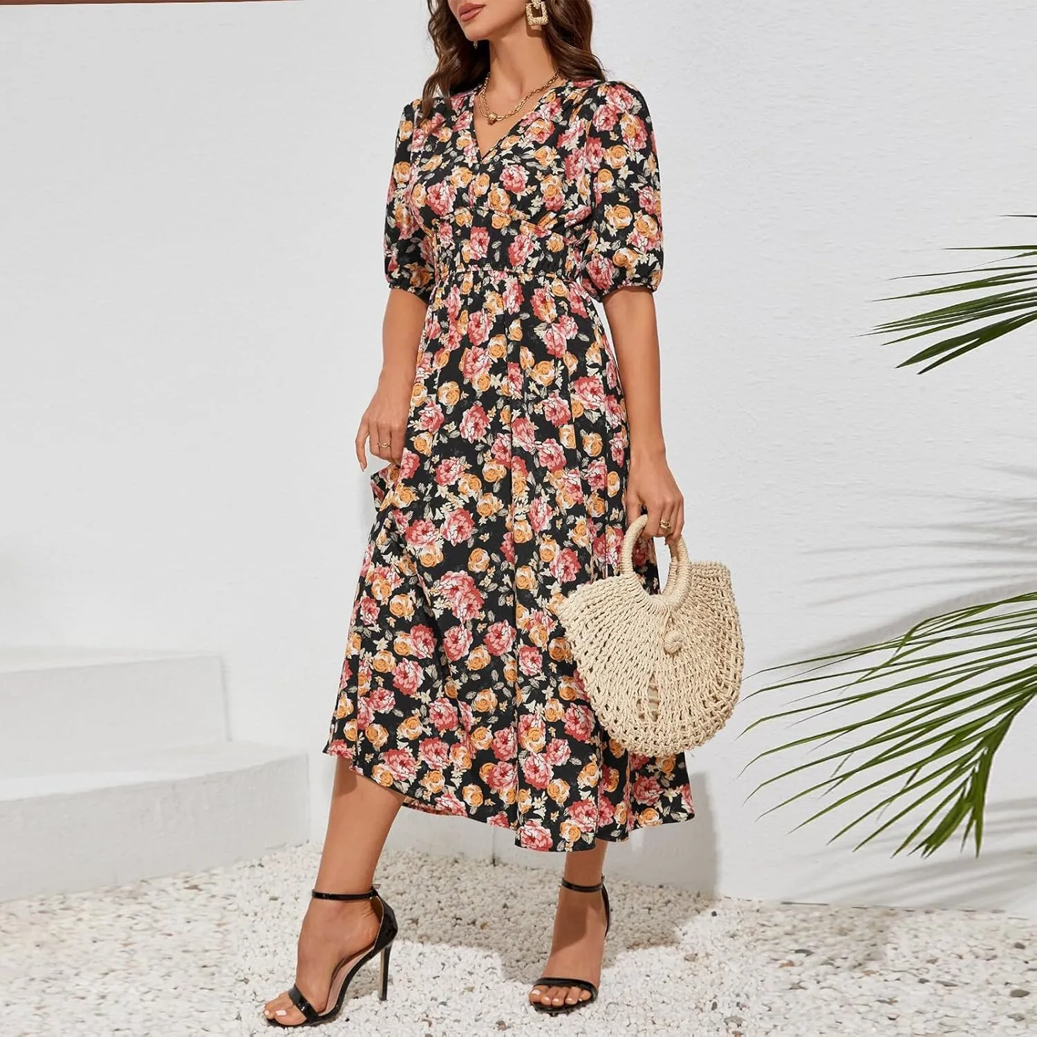 Summer Dresses for Women Elegant Boho Floral Print Beach Long Dress Trendy V Neck Short Sleeve Ruffle Maxi Sundress