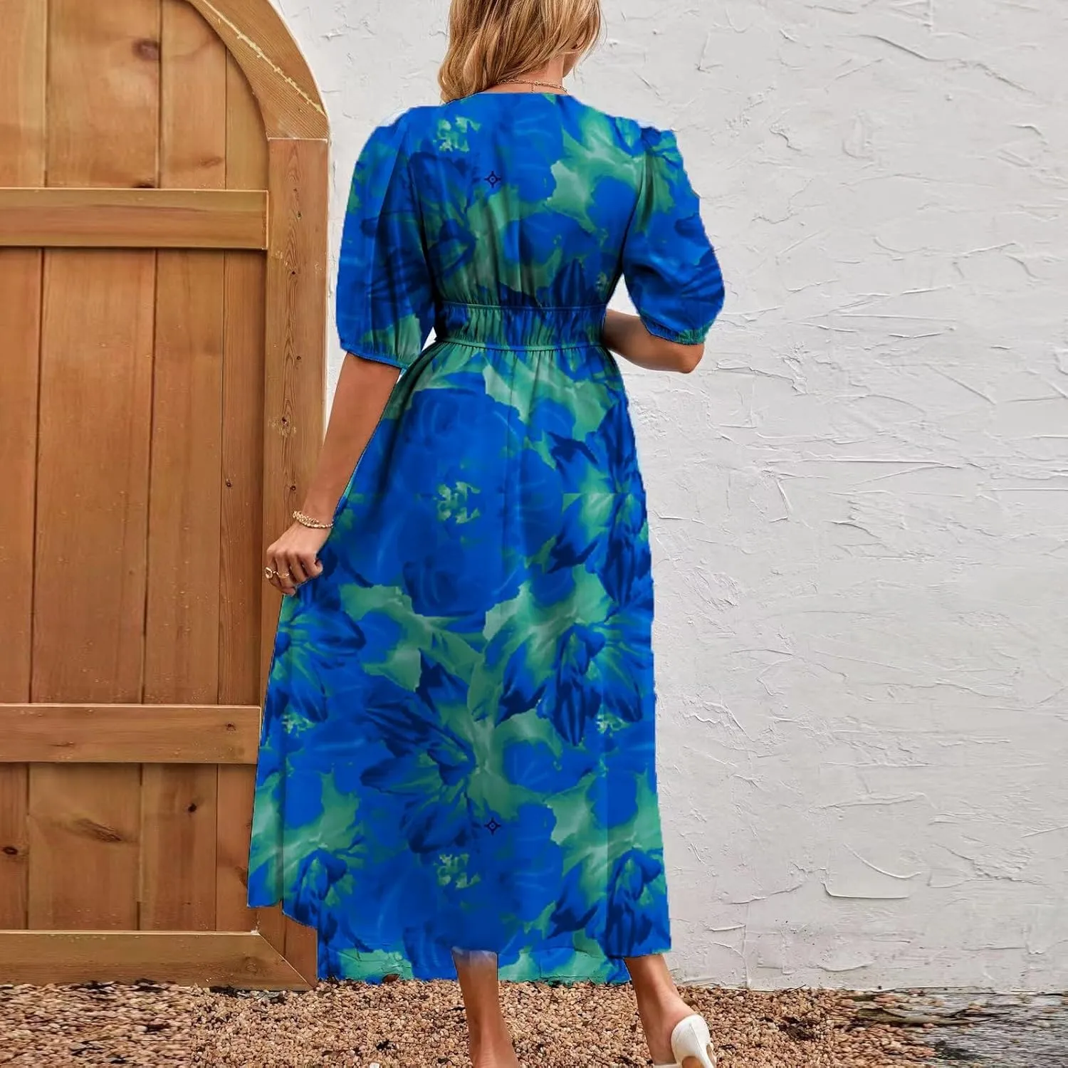 Summer Dresses for Women Elegant Boho Floral Print Beach Long Dress Trendy V Neck Short Sleeve Ruffle Maxi Sundress