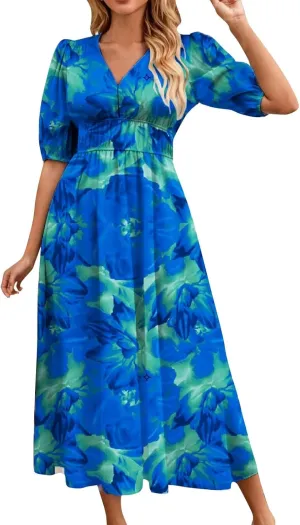 Summer Dresses for Women Elegant Boho Floral Print Beach Long Dress Trendy V Neck Short Sleeve Ruffle Maxi Sundress