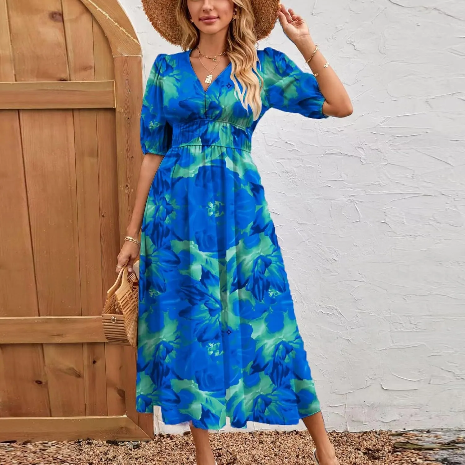 Summer Dresses for Women Elegant Boho Floral Print Beach Long Dress Trendy V Neck Short Sleeve Ruffle Maxi Sundress