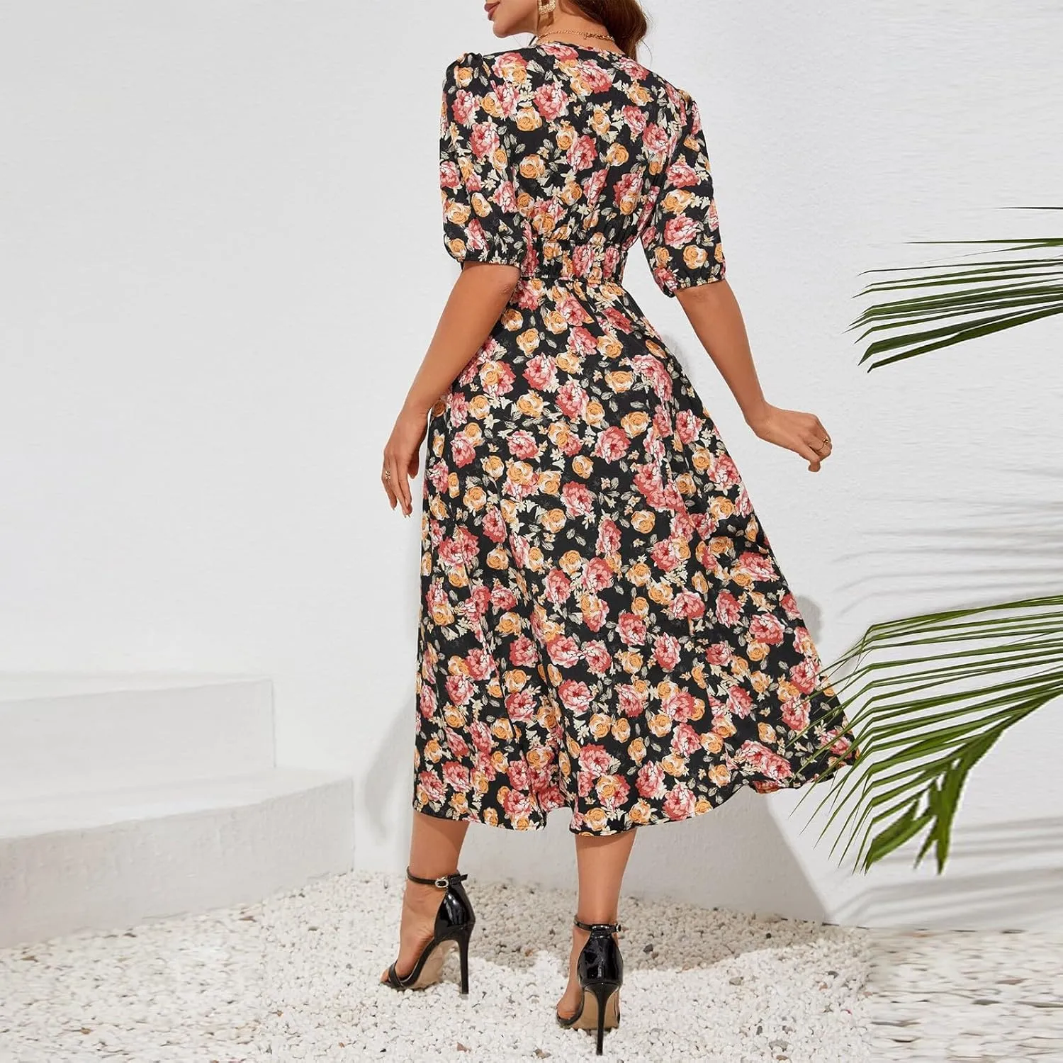 Summer Dresses for Women Elegant Boho Floral Print Beach Long Dress Trendy V Neck Short Sleeve Ruffle Maxi Sundress