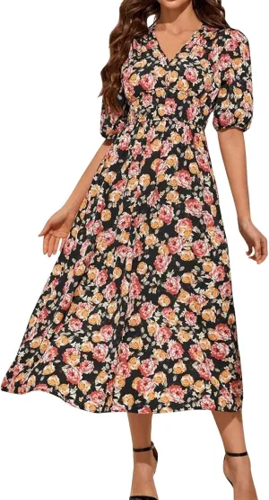 Summer Dresses for Women Elegant Boho Floral Print Beach Long Dress Trendy V Neck Short Sleeve Ruffle Maxi Sundress