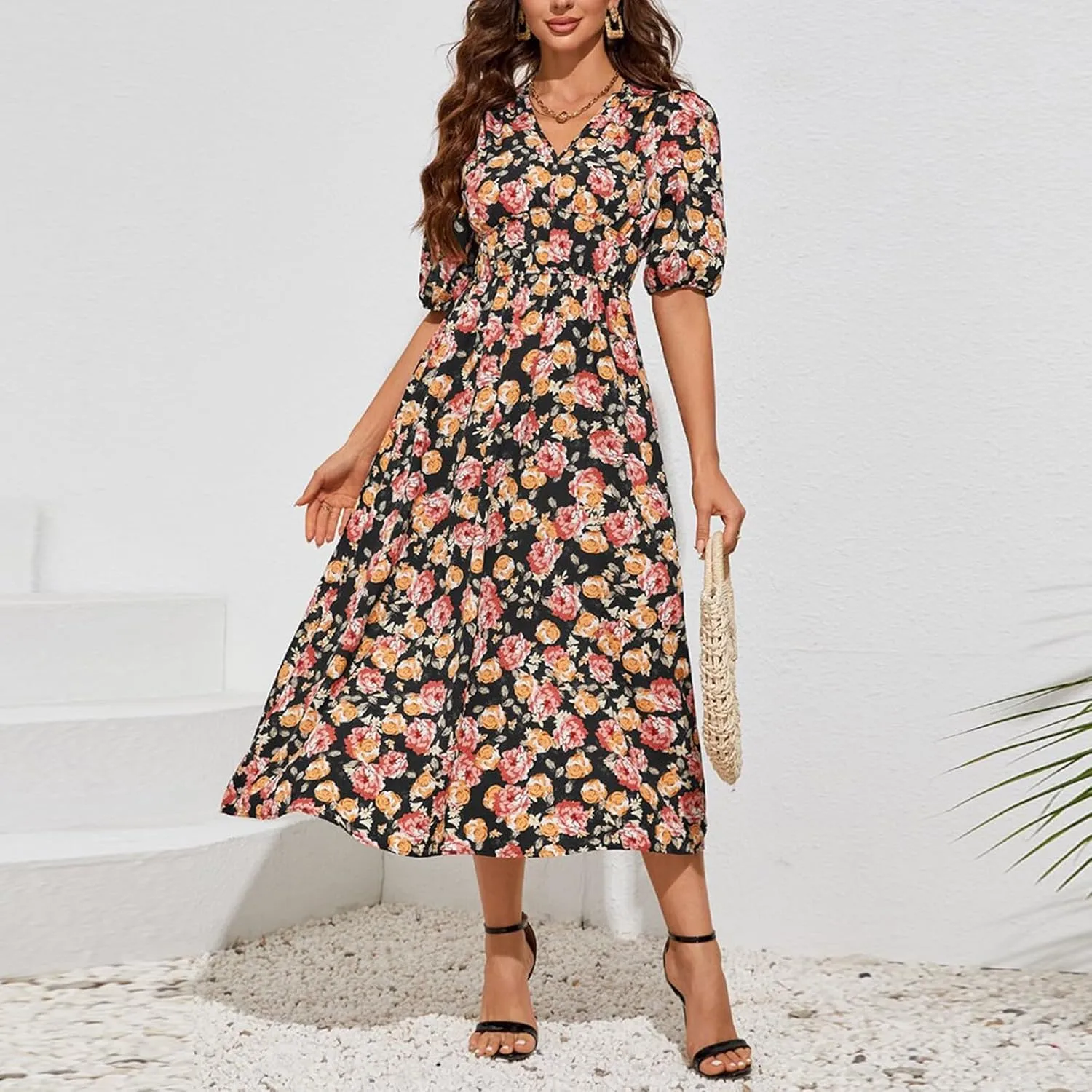 Summer Dresses for Women Elegant Boho Floral Print Beach Long Dress Trendy V Neck Short Sleeve Ruffle Maxi Sundress