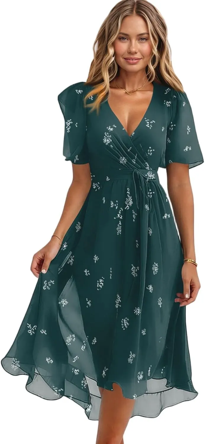 Summer Floral Chiffon Dresses for Women 2025 Midi Trendy Short Sleeve V Neck Tie Elastic Waist Flowy Swing A Line Dress