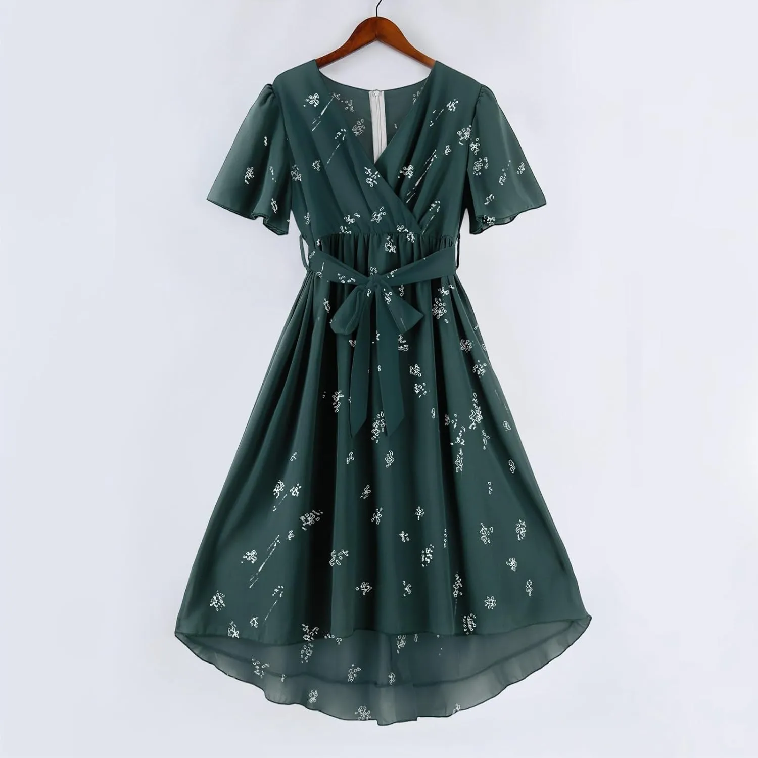 Summer Floral Chiffon Dresses for Women 2025 Midi Trendy Short Sleeve V Neck Tie Elastic Waist Flowy Swing A Line Dress
