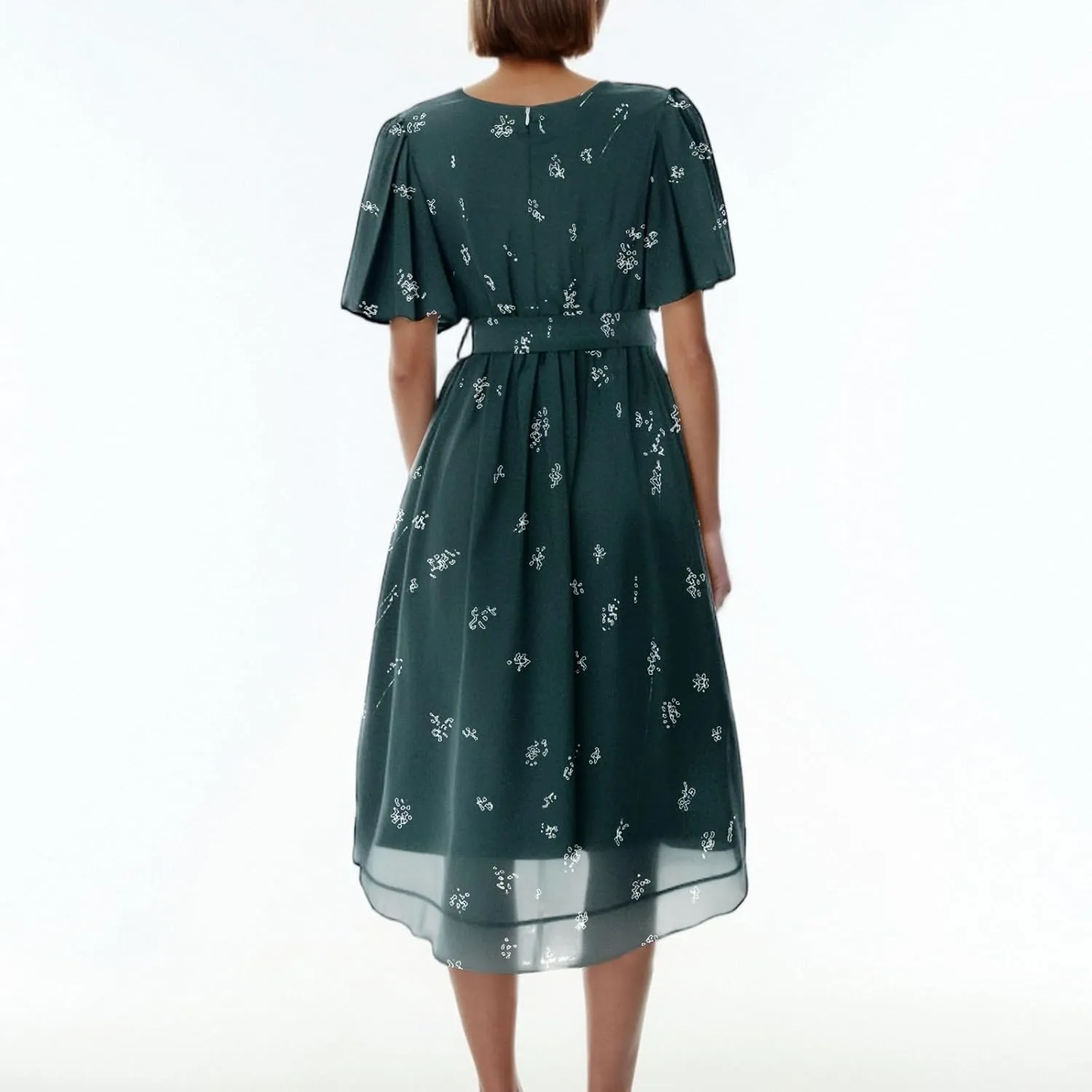 Summer Floral Chiffon Dresses for Women 2025 Midi Trendy Short Sleeve V Neck Tie Elastic Waist Flowy Swing A Line Dress