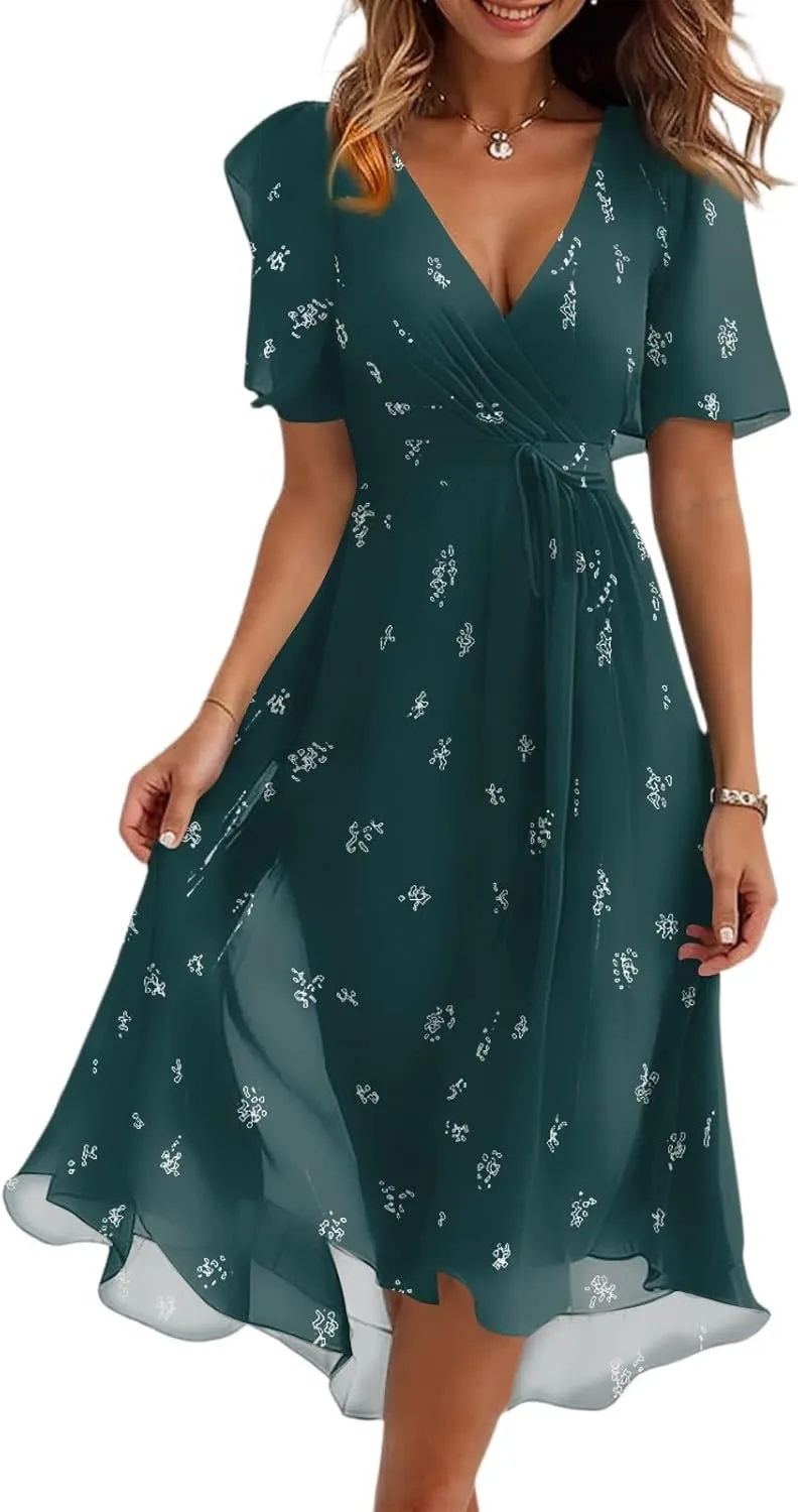Summer Floral Chiffon Dresses for Women 2025 Midi Trendy Short Sleeve V Neck Tie Elastic Waist Flowy Swing A Line Dress