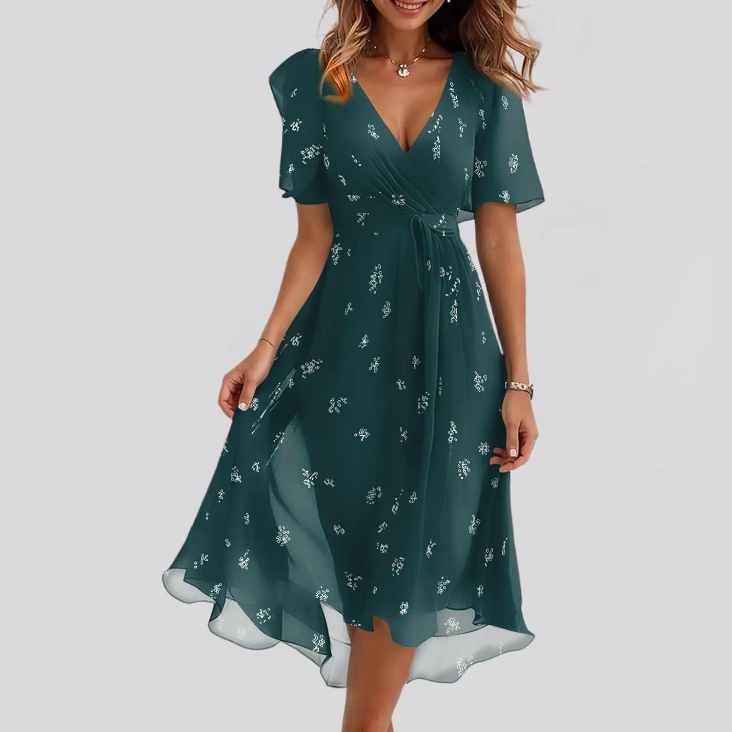 Summer Floral Chiffon Dresses for Women 2025 Midi Trendy Short Sleeve V Neck Tie Elastic Waist Flowy Swing A Line Dress
