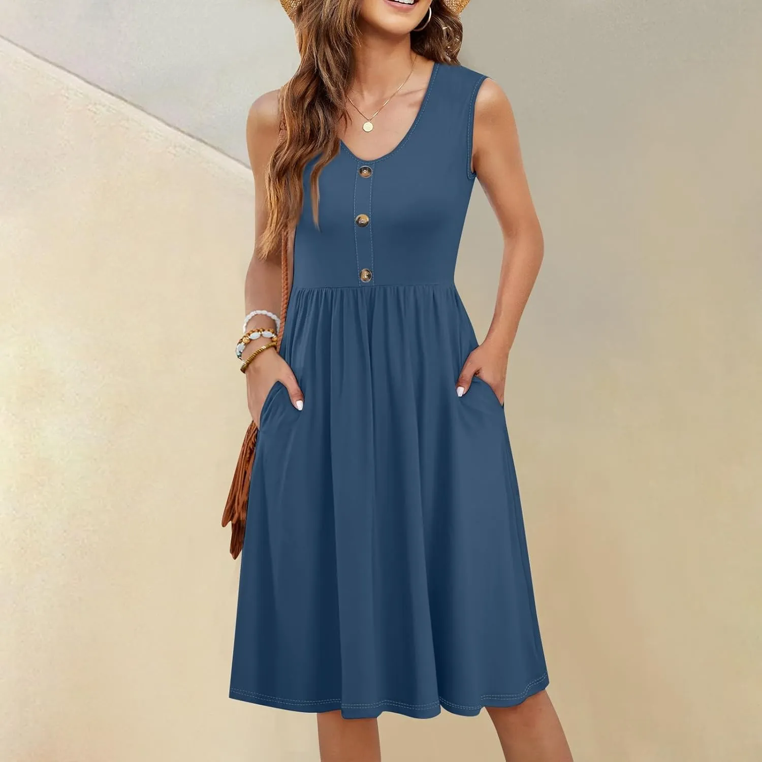 Sundresses for Women 2025 Casual Sleeveless Button V Neck Midi Dress Pleated Tank Dress with Pocket Summer Beach Outfits