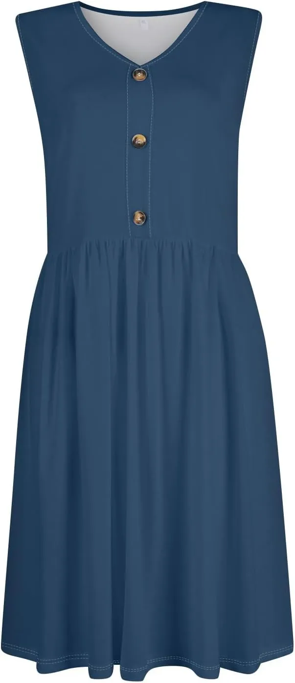 Sundresses for Women 2025 Casual Sleeveless Button V Neck Midi Dress Pleated Tank Dress with Pocket Summer Beach Outfits