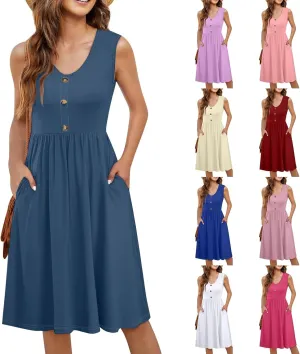 Sundresses for Women 2025 Casual Sleeveless Button V Neck Midi Dress Pleated Tank Dress with Pocket Summer Beach Outfits