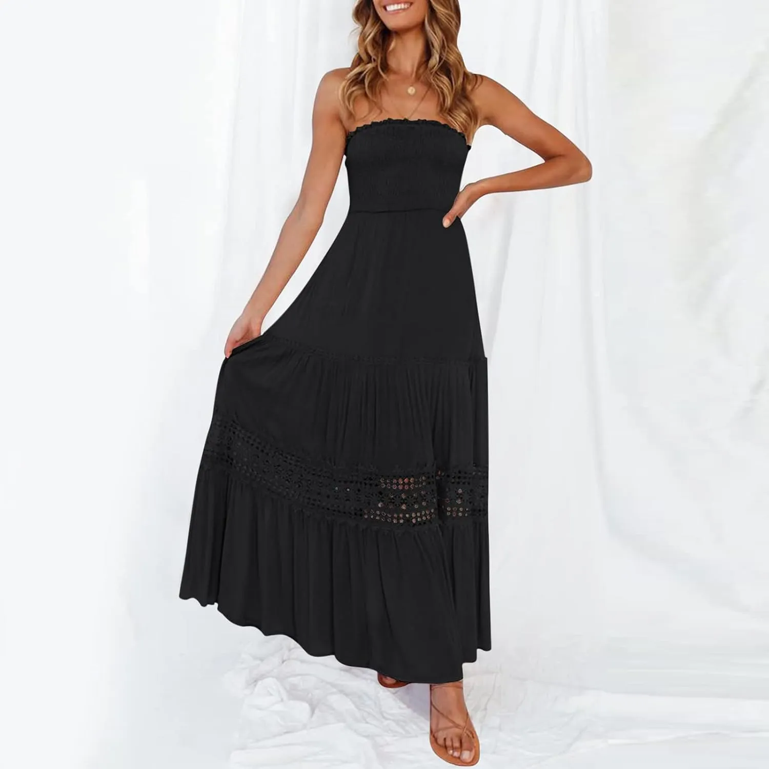Sundresses For Women 2025 Vacation Sexy Women Summer Boho Strapless Maxi Dress Casual Sleeveless Off Shoulder Dresses