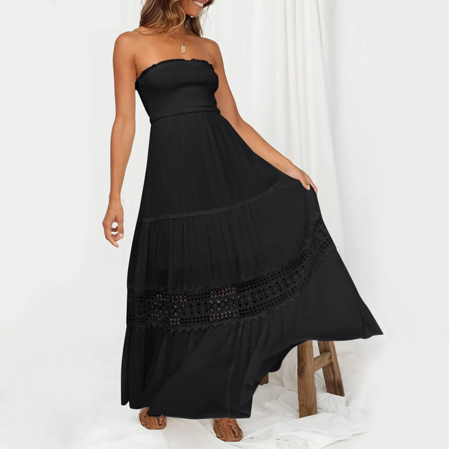 Sundresses For Women 2025 Vacation Sexy Women Summer Boho Strapless Maxi Dress Casual Sleeveless Off Shoulder Dresses