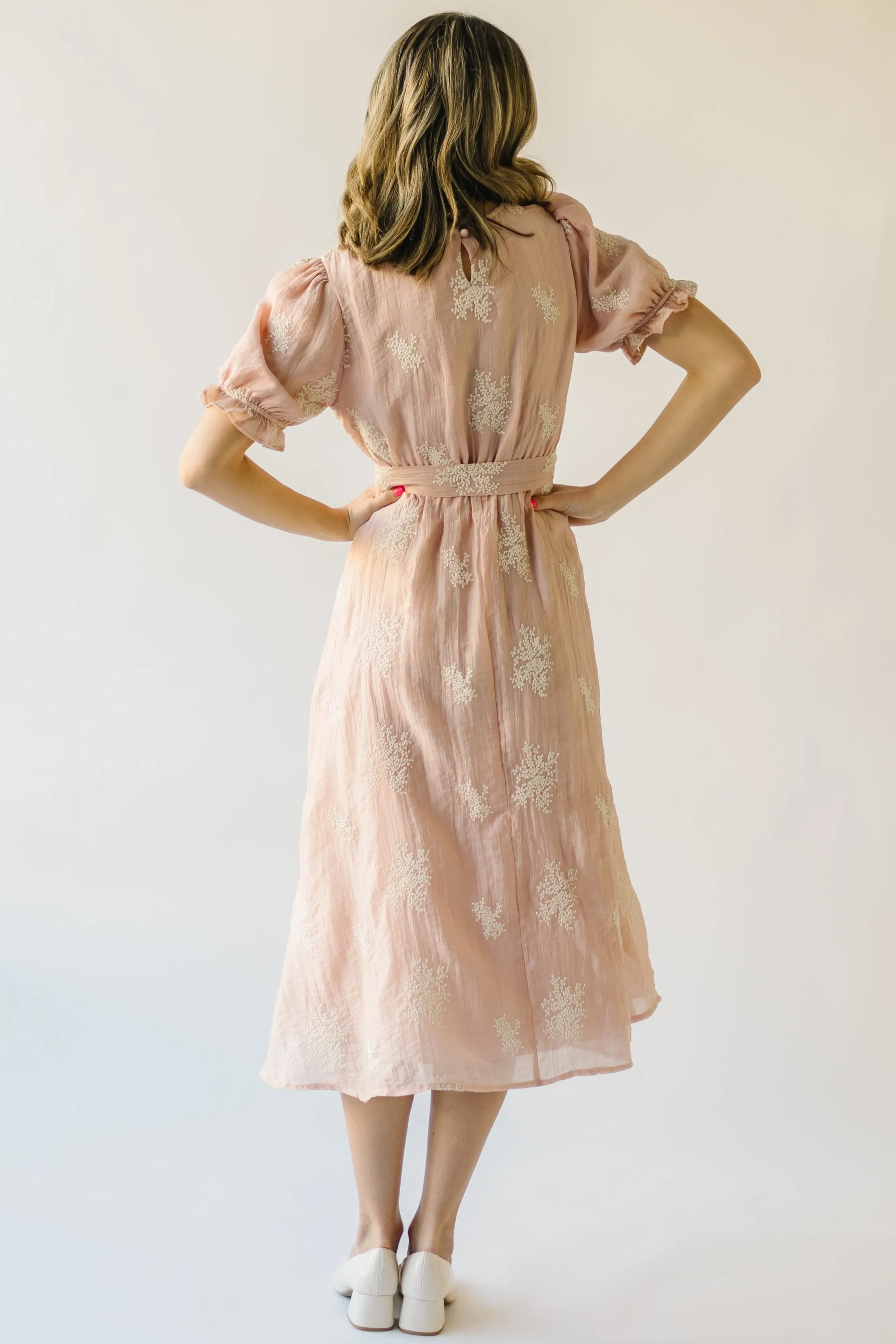 The Pickney V-Neck Embroidered Midi Dress in Blush