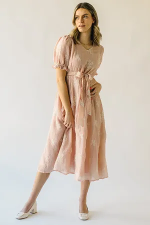 The Pickney V-Neck Embroidered Midi Dress in Blush