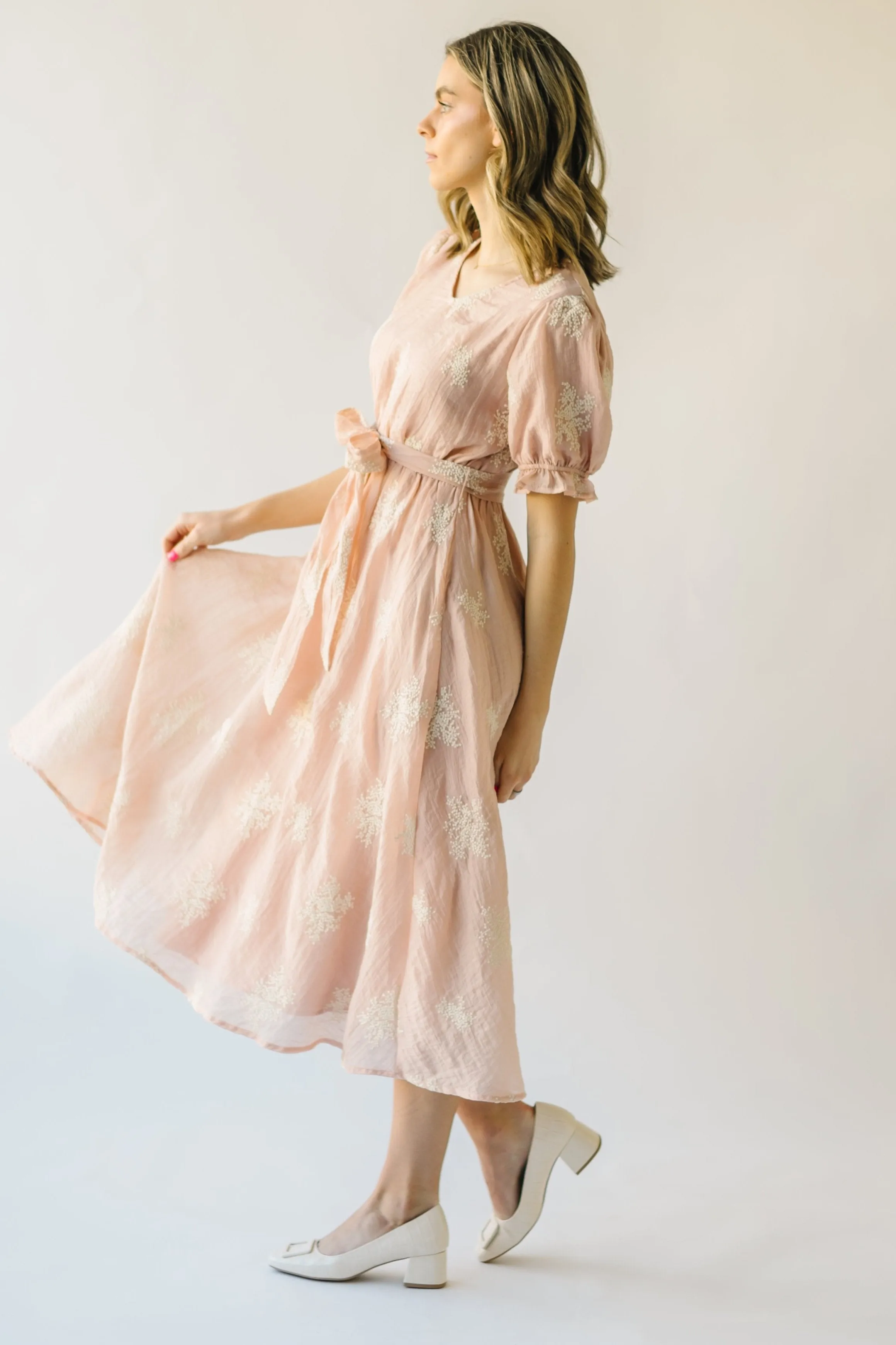 The Pickney V-Neck Embroidered Midi Dress in Blush
