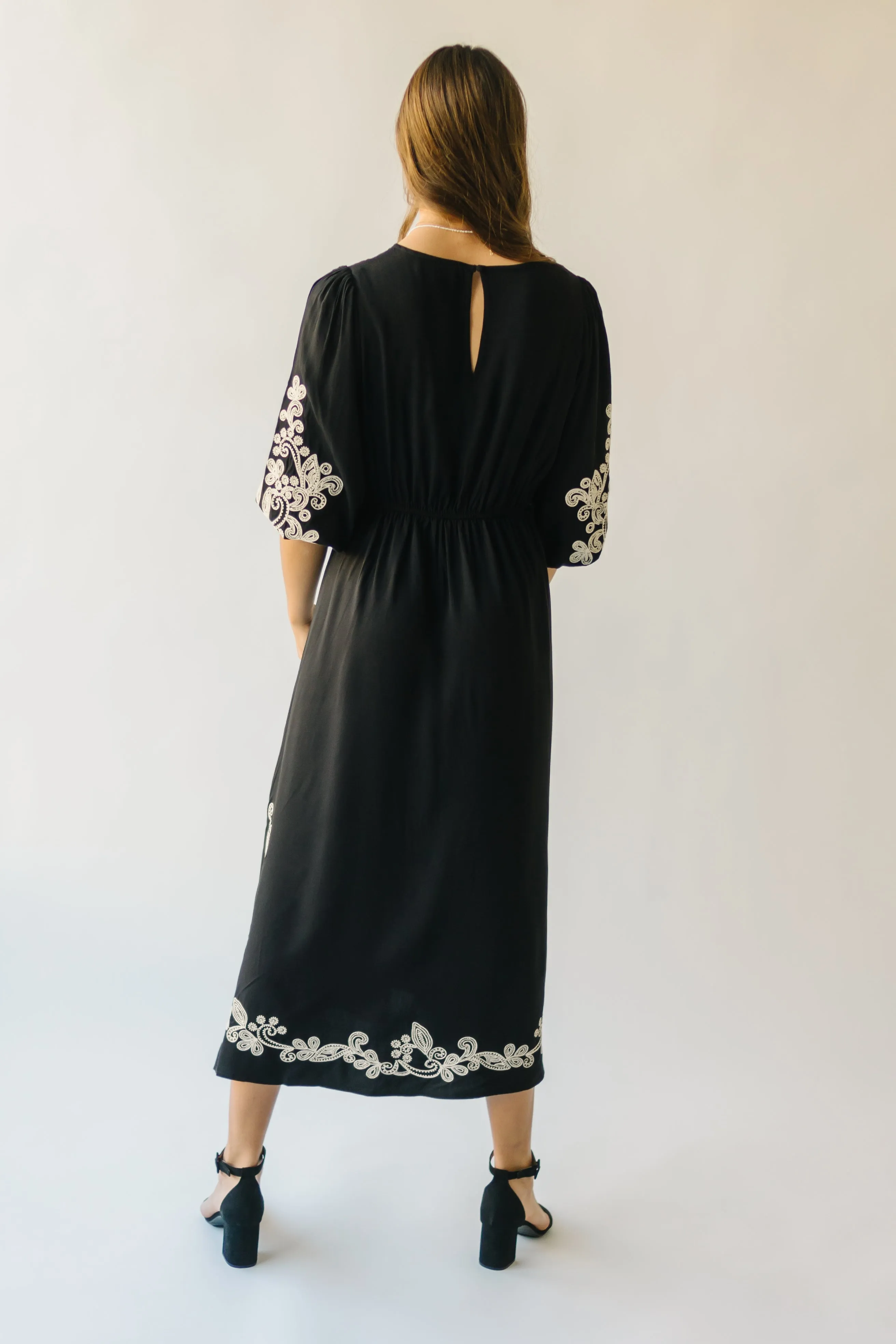 The Trimble Embroidered Midi Dress in Black