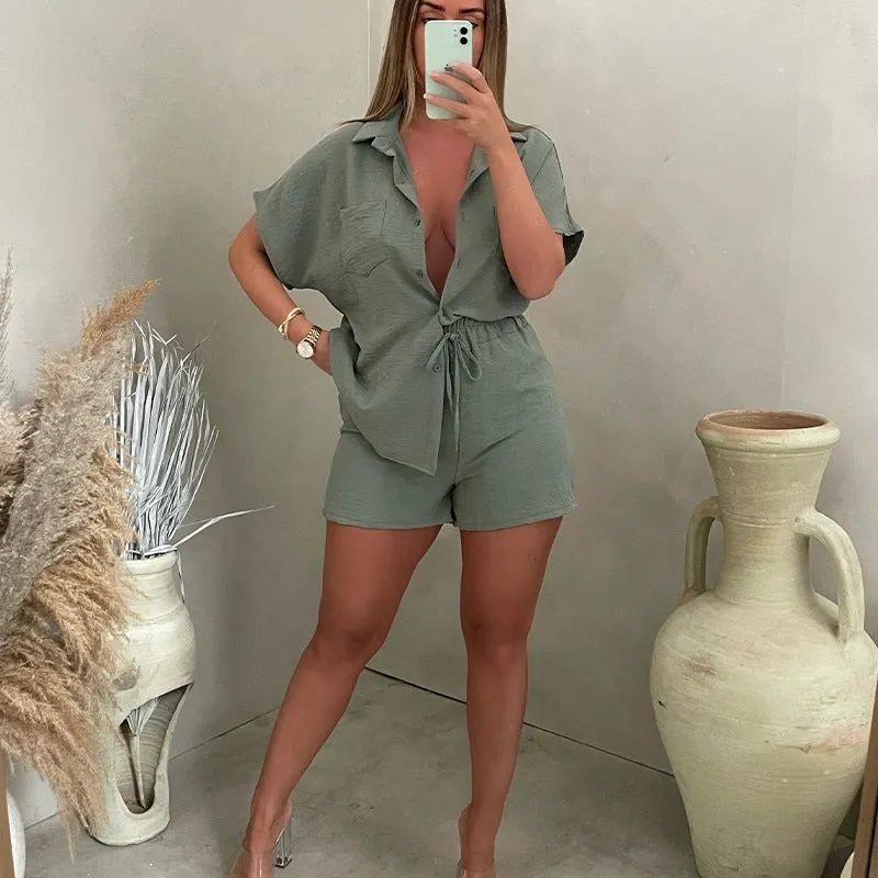V-Neck Top & Shorts Two-Piece Set