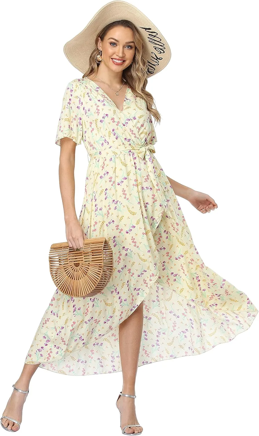 VintageClothing Women's Wrap V Neck Floral Summer Dresses High Low Maxi Casual