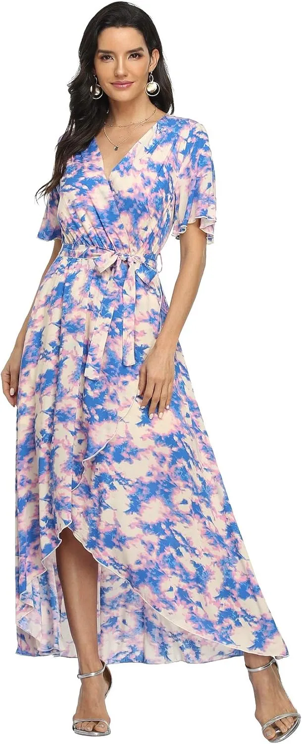 VintageClothing Women's Wrap V Neck Floral Summer Dresses High Low Maxi Casual