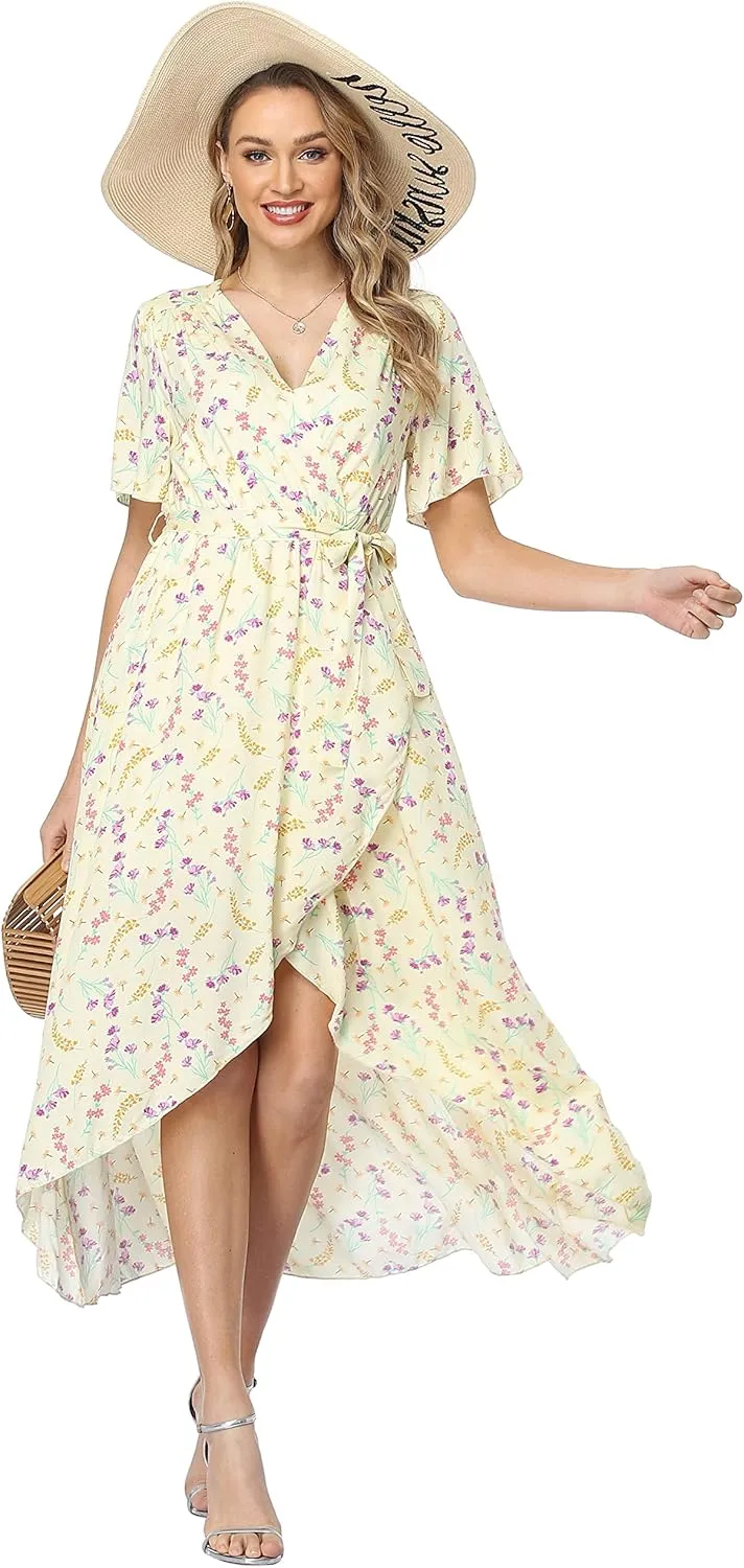 VintageClothing Women's Wrap V Neck Floral Summer Dresses High Low Maxi Casual