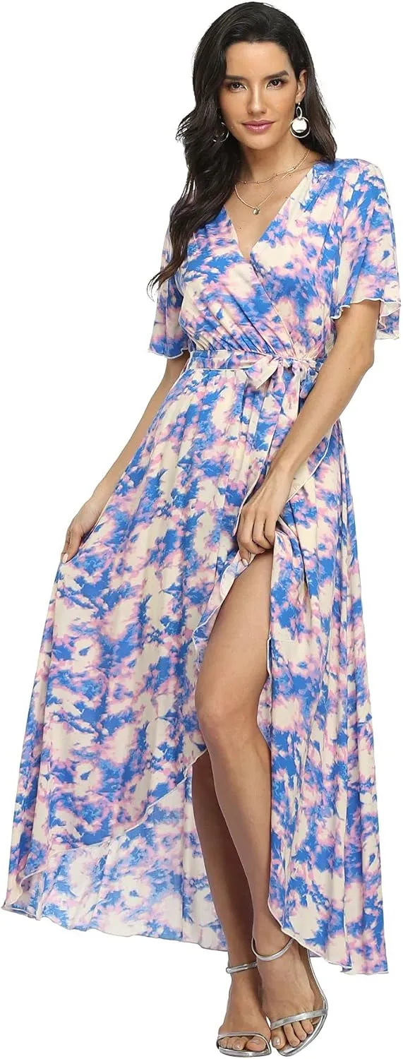 VintageClothing Women's Wrap V Neck Floral Summer Dresses High Low Maxi Casual