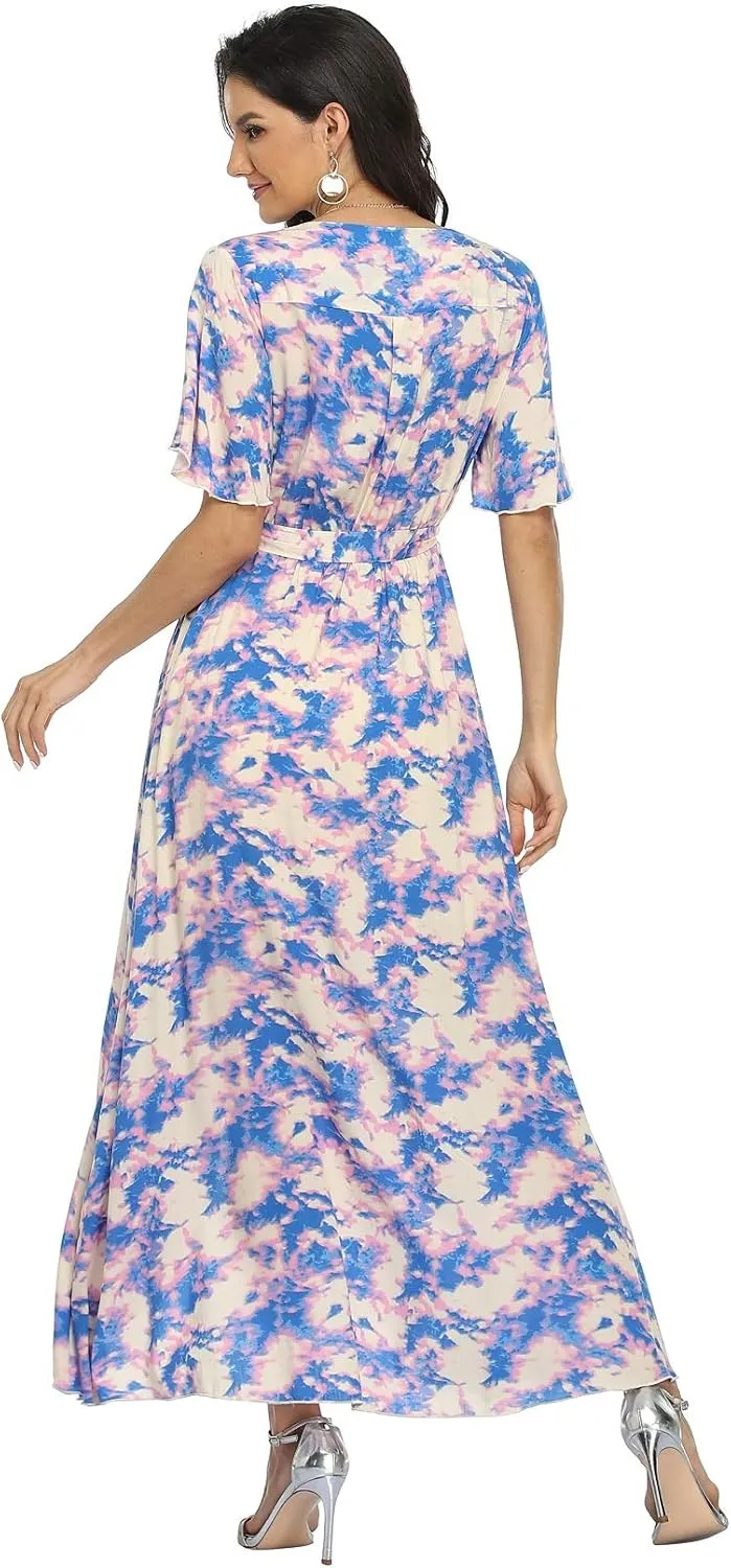 VintageClothing Women's Wrap V Neck Floral Summer Dresses High Low Maxi Casual