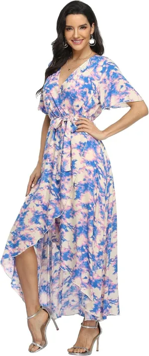 VintageClothing Women's Wrap V Neck Floral Summer Dresses High Low Maxi Casual
