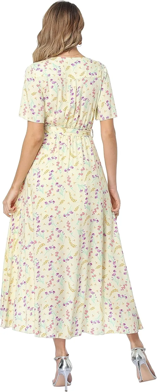 VintageClothing Women's Wrap V Neck Floral Summer Dresses High Low Maxi Casual