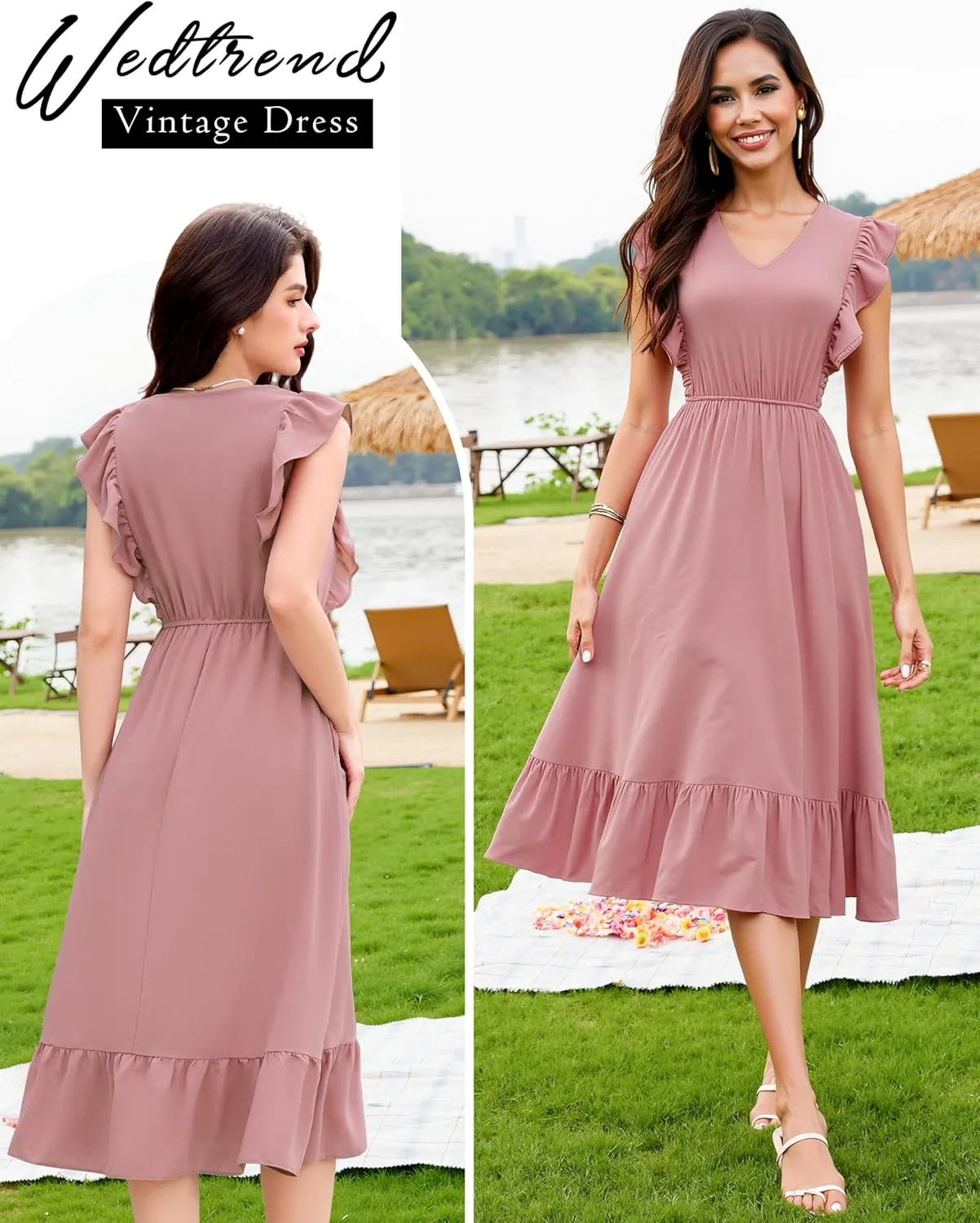 Wedtrend Women's Cocktail Dresses Ruffle Sleeve Vinatge 1940s Dresses Wedding Guest Dress Tiered Boho Dress