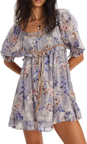 Women Boho Floral Puff Short Sleeve Mini Dress Y2k Ruffle Lace Trim Babydoll Short Dresses Summer Causal Flowy Dress