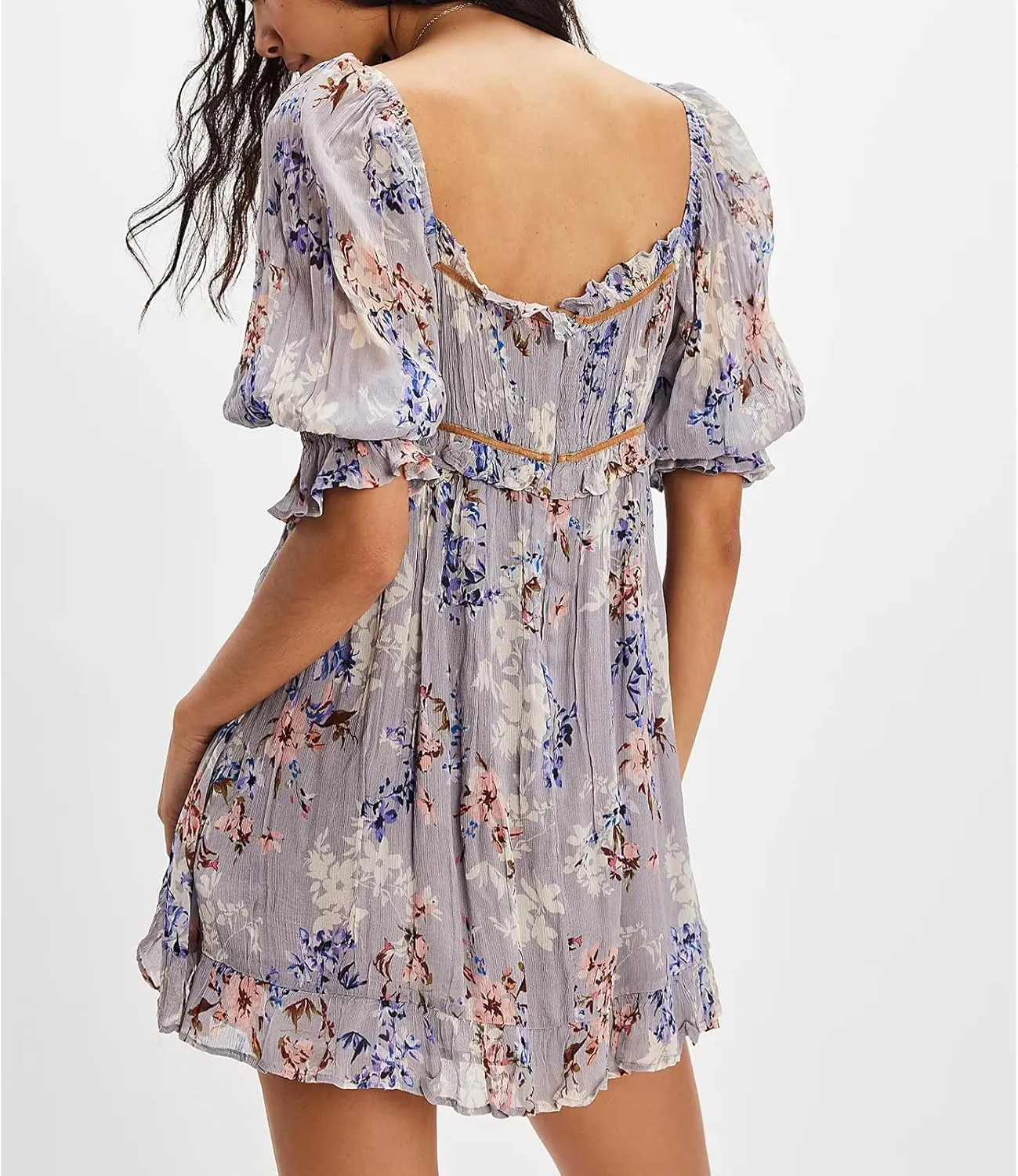 Women Boho Floral Puff Short Sleeve Mini Dress Y2k Ruffle Lace Trim Babydoll Short Dresses Summer Causal Flowy Dress