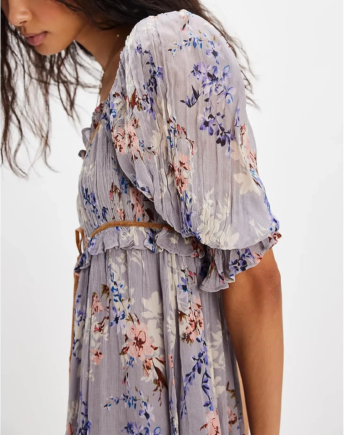 Women Boho Floral Puff Short Sleeve Mini Dress Y2k Ruffle Lace Trim Babydoll Short Dresses Summer Causal Flowy Dress