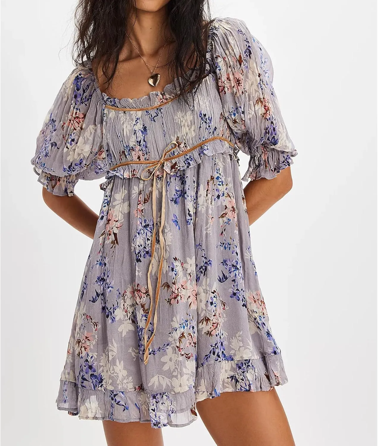 Women Boho Floral Puff Short Sleeve Mini Dress Y2k Ruffle Lace Trim Babydoll Short Dresses Summer Causal Flowy Dress