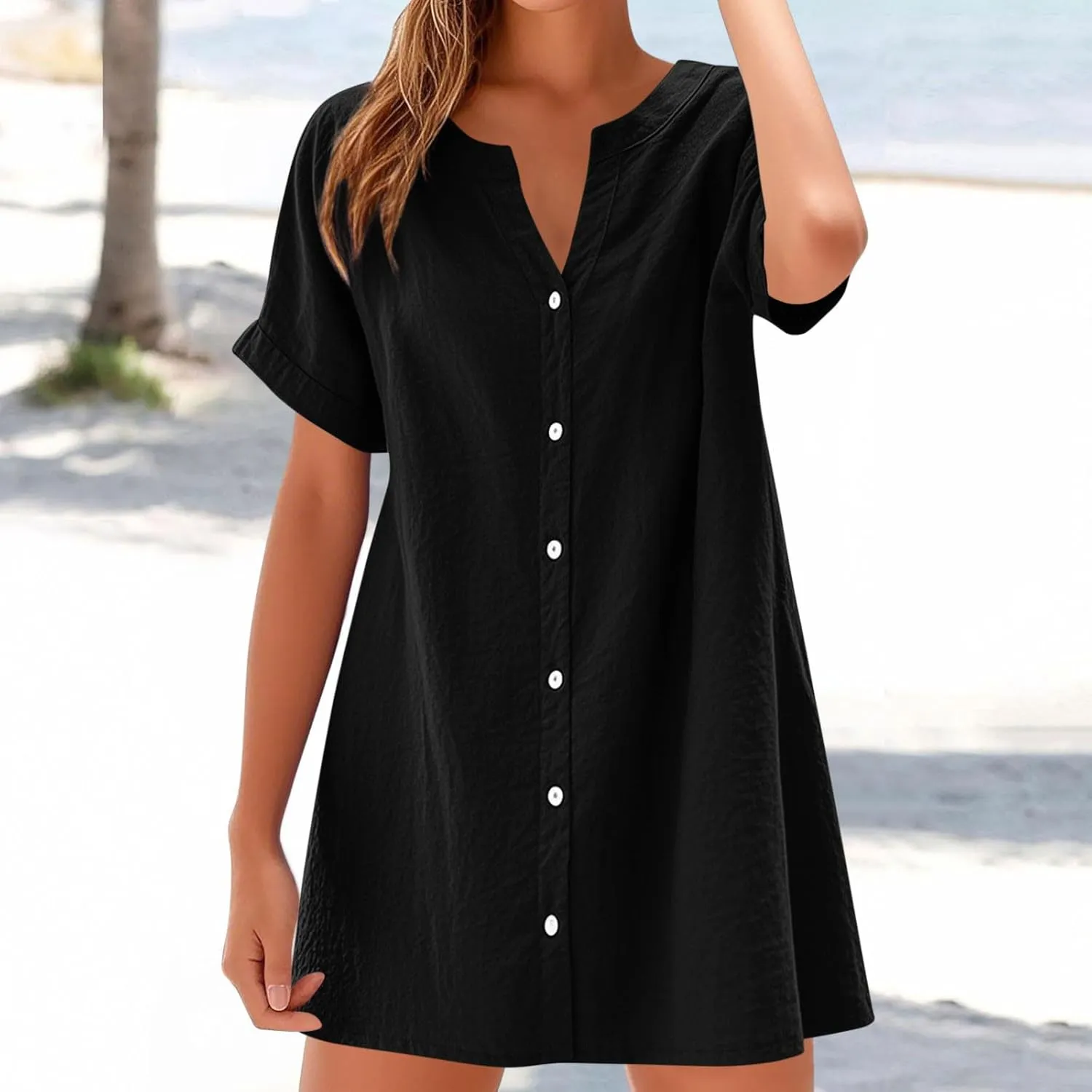 Women Button Down T Shirt Dress 2025 V-Neck Short Sleeve Mini Dress Business Casual Work Shift Dresses with Pockets