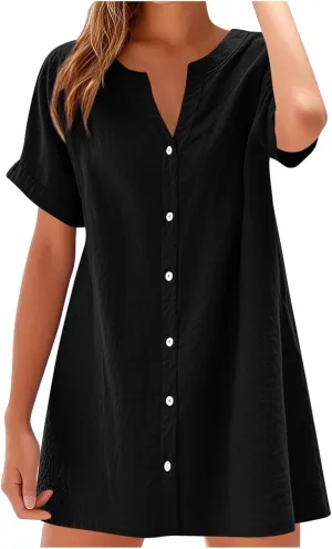Women Button Down T Shirt Dress 2025 V-Neck Short Sleeve Mini Dress Business Casual Work Shift Dresses with Pockets