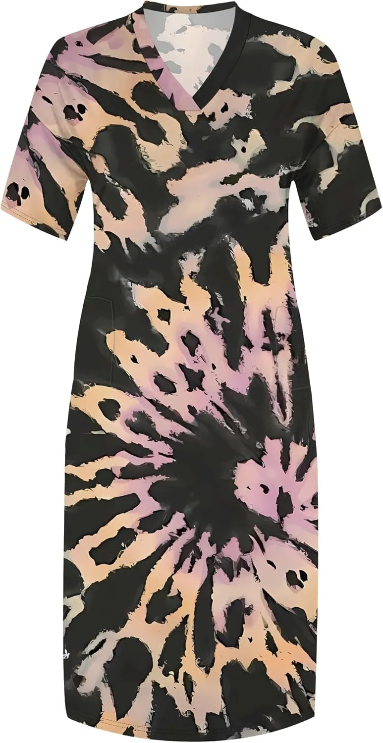 Women Casual T-Shirt Dress V Neck Short Sleeve with Front Two Pockets Solid Color Oversize Dresses