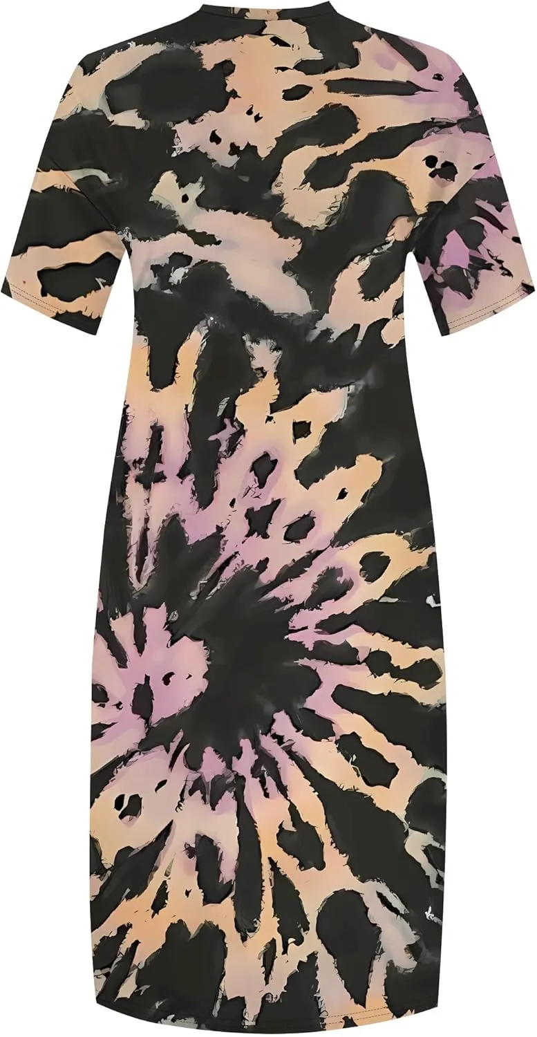 Women Casual T-Shirt Dress V Neck Short Sleeve with Front Two Pockets Solid Color Oversize Dresses