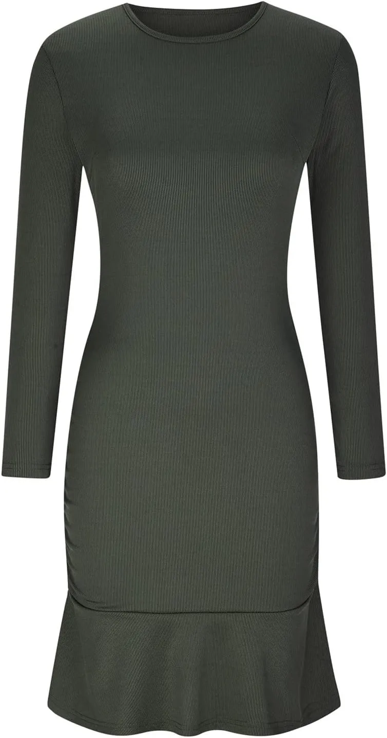 Women Fall Dresses Long Sleeve Ruched Ruffle Mini Dress Casual Knitted Sweater Dress 2024 Trendy Clothing