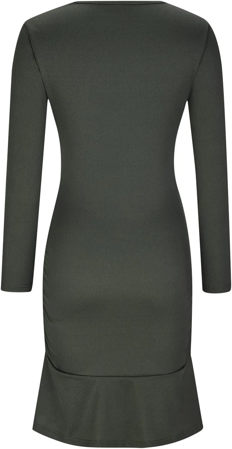 Women Fall Dresses Long Sleeve Ruched Ruffle Mini Dress Casual Knitted Sweater Dress 2024 Trendy Clothing
